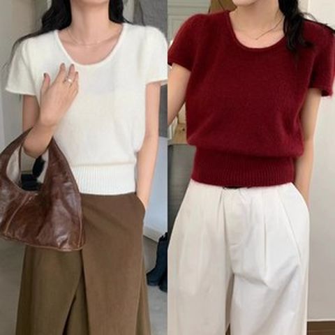유넥 알파카 앙고라 가을 겨울 퍼프 시보리 반팔 니트 4color