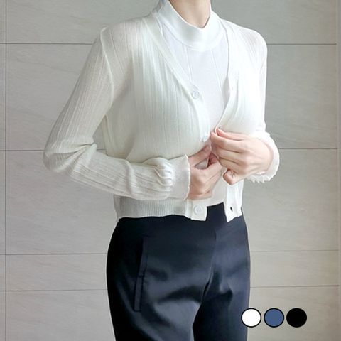 식스에비뉴 골지라인 숏 긴팔 가디건