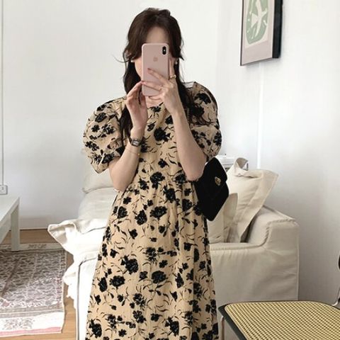 [유니제이] 베루 플로럴 퍼프 롱 원피스