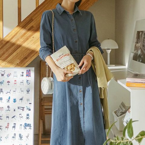 [마이더스비] [끈set] 도튼 데님 셔츠 롱 원피스