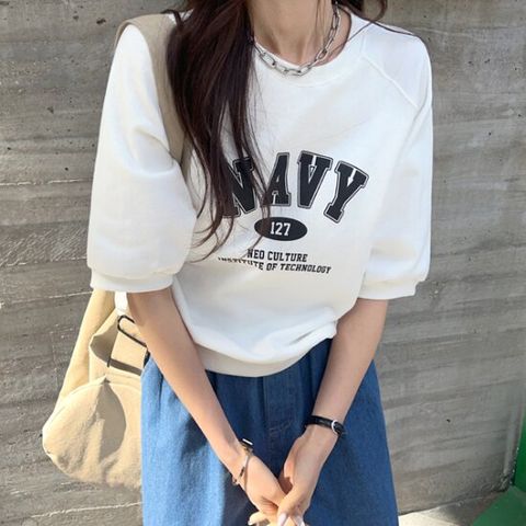 [시크폭스] 네이비 레터링반팔맨투맨