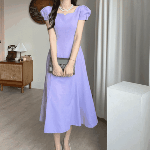[엘린무드]로레나 캡 퍼프 소매 스퀘어넥 v트임 머메이드라인 시원한 퍼플 화이트 셀프웨딩 원피스(3color)