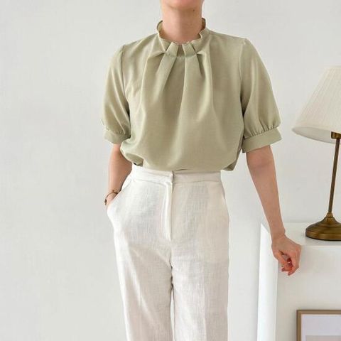 [VY] 여자 벌룬 핀턱 썸머 하이넥 데일리 블라우스