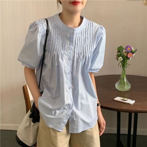 노르만 라운드 핀턱 퍼프소매 반팔 셔츠 블라우스
