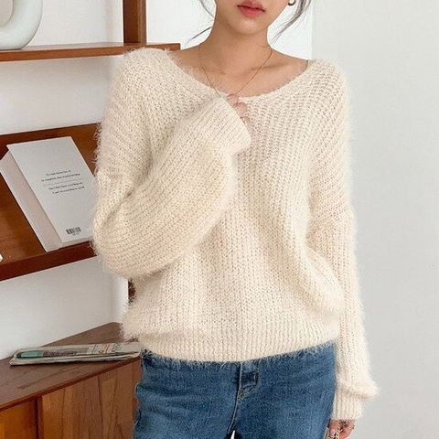 [쉬즈미]여성 브이넥 앙고라 니트티 입술넥 여리핏 (TRT-852)