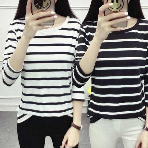 [비틀버드]여성 라운드 스트라이프 긴팔 티셔츠 URK_184
