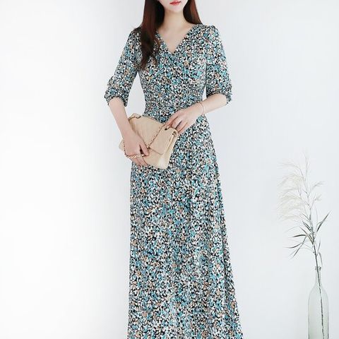 [랩드레스]비비엔 잔꽃무늬 볼륨소매 A라인 랩스타일 롱원피스