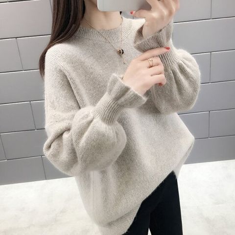 퍼프 벌룬 소매 라운드 여성 기본 니트