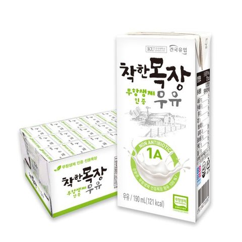 건국 착한목장 무항생제 멸균우유 190ml 24개