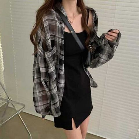 여자데일리룩 캐주얼 여친룩 루즈핏 체크 셔츠 나시 원피스 세트