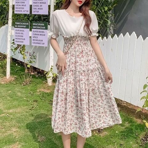 여성원피스 투피스 스타일 플라워 쉬폰 원피스 A라인 스모크밴딩