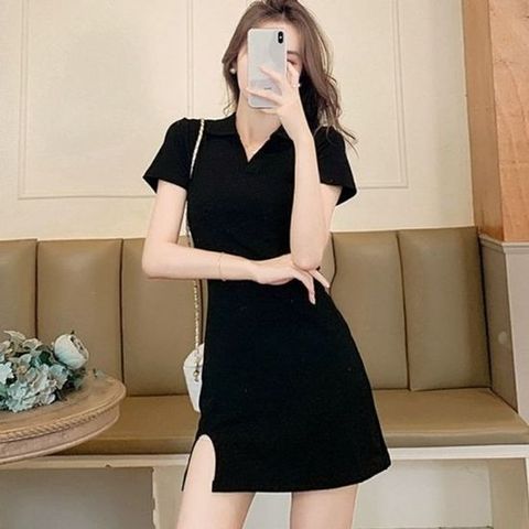 카라 브이넥 트임 블랙 미니 원피스 밑단 데일리