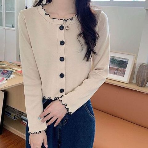 가디건 카디건 니트 CD 아우터 캐주얼 배색 프릴 이너 데일리 긴