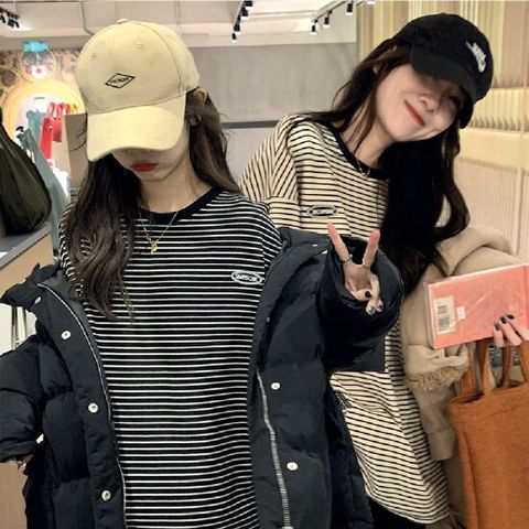 여자긴팔티 봄 가을 루즈핏 여자 기본 스트라이프 긴팔 티셔츠