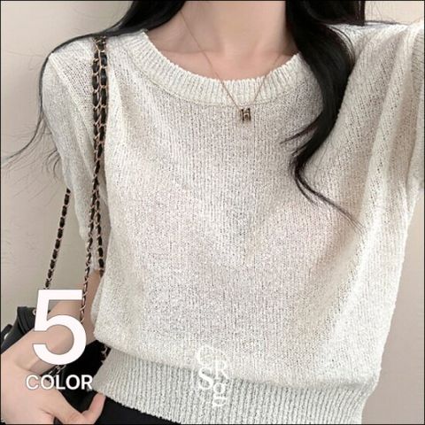 크림슈가 / 데일리 여름니트 린넨 부클 크롭 반팔 니트