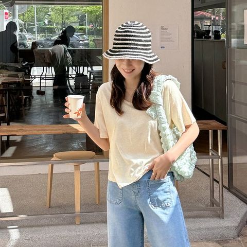 [메이블루] 린넨 세미크롭 반팔티