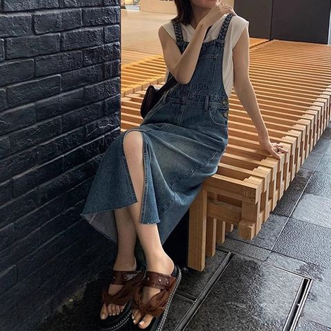 [아리엘스타일]센스있는 캐주얼룩 라쥬데님멜빵원피스