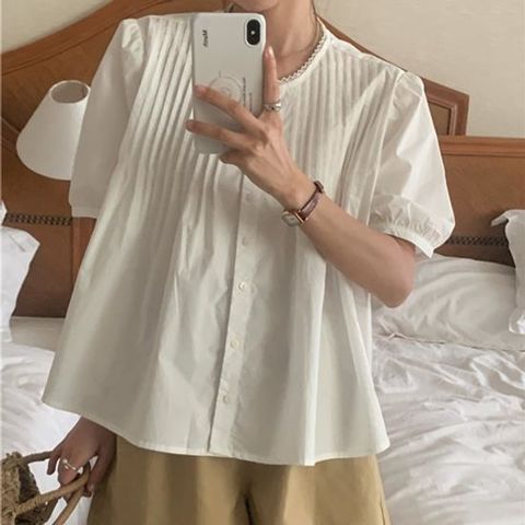 [르뚜앙]야호 여름 오버핏 화이트 반팔 셔츠블라우스 벌룬 퍼프 루즈핏 빅사이즈 핀턱 바스락 셔츠 블
