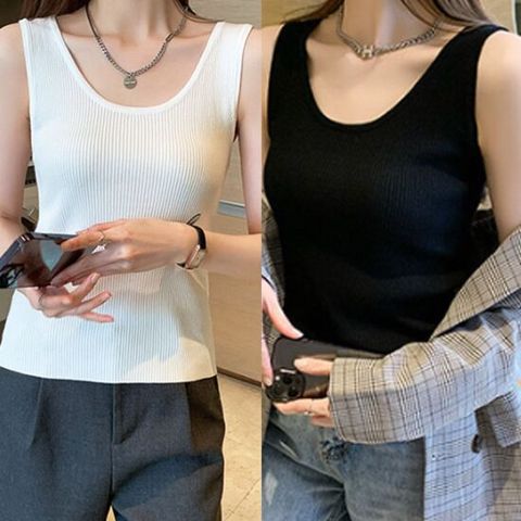 여성용 민소매 골지 나시 티셔츠