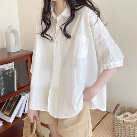 [오아즈] 여성 넥카라 포켓 오부 반팔 루즈핏 셔츠 2color