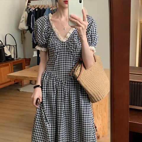 [아리엘스타일]빈티지 체크 포인트 슈에뜨체크원피스