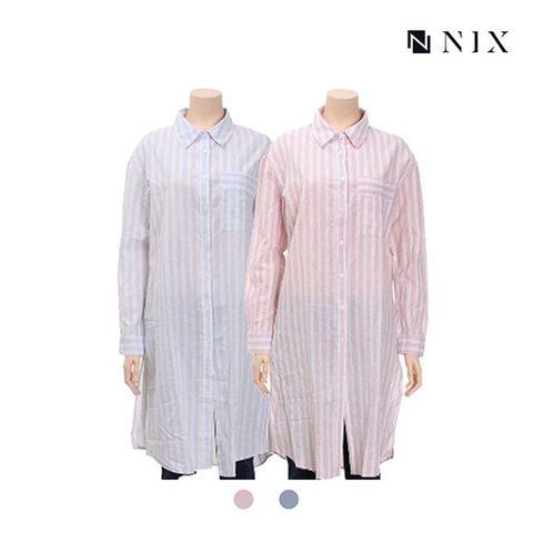 [닉스][닉스]여성 코튼린넨 스트라이프 기본카라 롱 셔츠_FNNECS