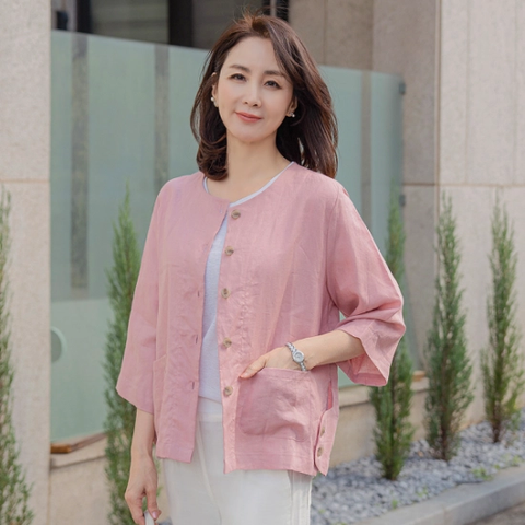 [드리다]드리다 여자 여름 노카라 빅사이즈 린넨 마 자켓 40-50