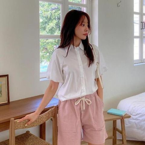 여성 베이직 허리밴딩 린넨 코튼 베이직 반바지