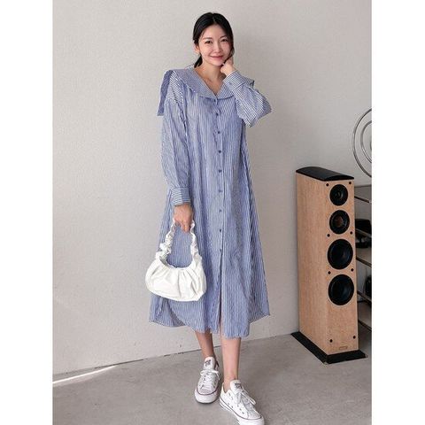 [샵앤]여성 세일러 카라 스트라이프 데일리 셔츠 롱 원피스 ARA-WDR-3864-블루