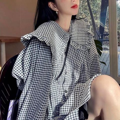 [페리엠]세일러카라 러블리 체크 루즈핏 카누스체크원피스