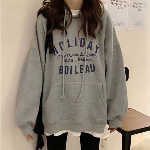 여성 그레이 루즈핏 롱 포켓 레터링 후드 티셔츠