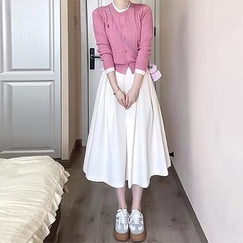 [아리엘스타일]핑크 가디건+ 플레어스커트 샤레넌투피스