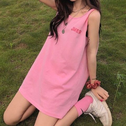 여자 라운드넥 핑크 여름 나시원피스 나들이 피크닉