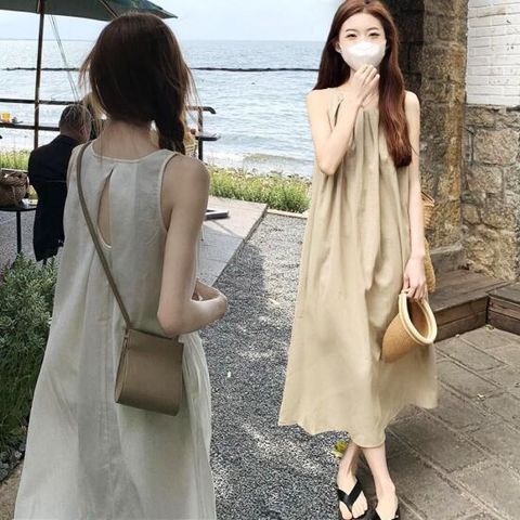 동남아여행옷 롱 여성 라운드 셔링 원피스 A라인 민소매