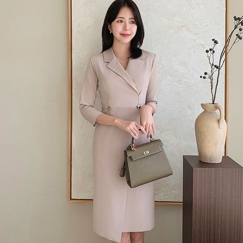[드리다] 여성 봄 가을 카라 H라인 슬림핏 빅사이즈 7부 정장 랩 원피스 하객 상견례 오피스룩 모임