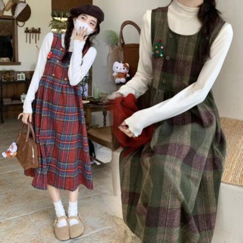 크리스마스 초록색 빨간색 빅체크 플레어 롱원피스