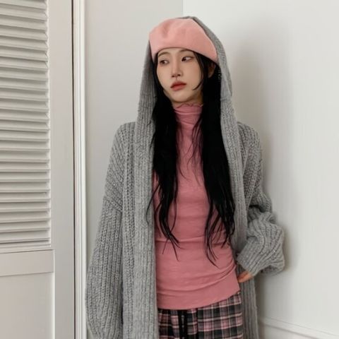 여성 겨울 보카시 롱 후드 오픈 가디건