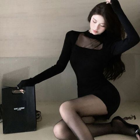 바스트 시스루 블랙 니트원피스 파티 모임