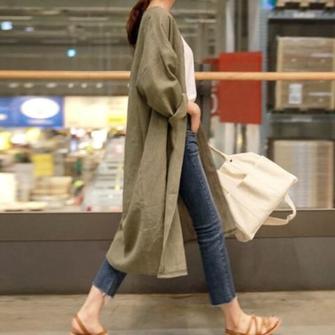[옷자락]여자 간절기룩 노카라 오버핏 린넨 카키 롱 셔츠