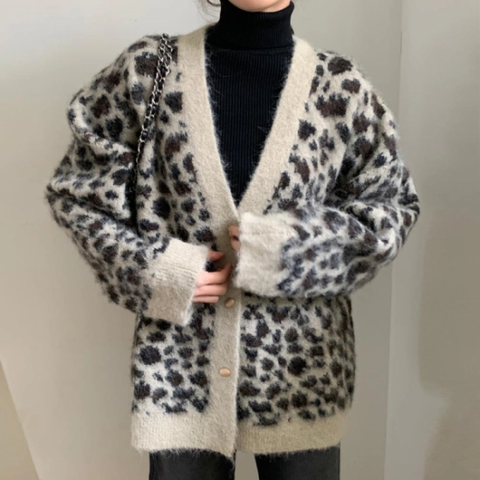 [옷자락]여자 빅사이즈 울니트 V넥 호피 FW 롱가디건
