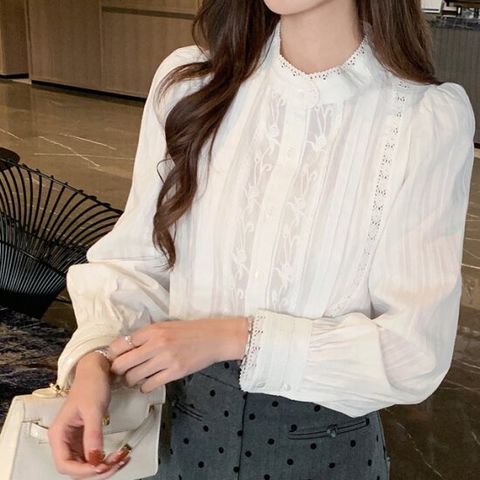 [블랙퀸]마감할인 리델 펀칭 레이스 핀턱 퍼프 블라우스 blk002980