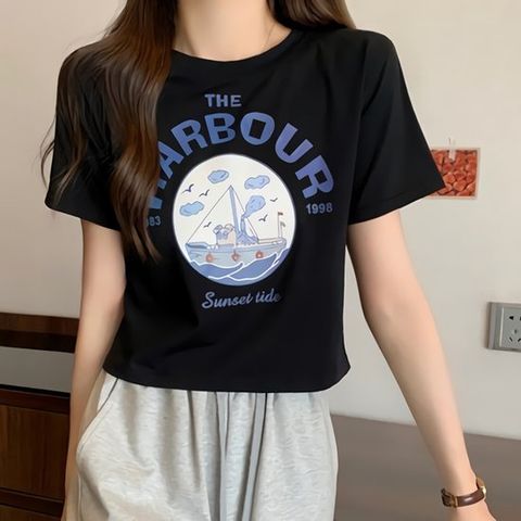 [SALE]여성 HARBOUR 선셋레터링 세미크롭 반팔티