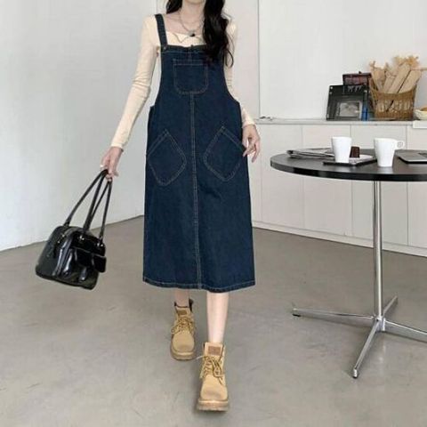 원피스 OPS 홈웨어 귀여운 캐주얼 포켓 멜빵 청치마 데님 롱 여