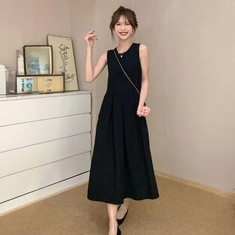 [모어씨유] 라피엘 원피스 민소매 플레어 롱원피스
