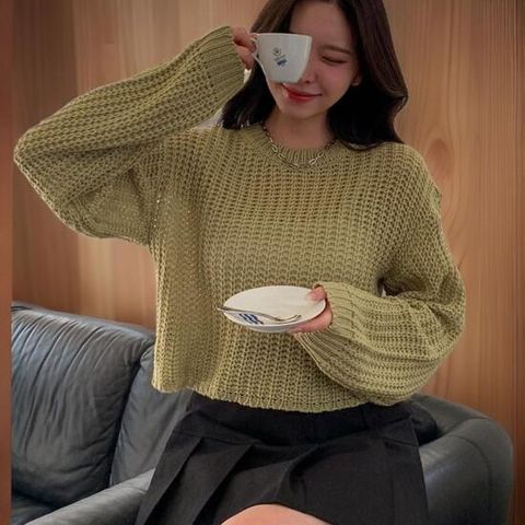 그물니트 라운드 살안타 봄여름 긴팔 뜨개 펀칭티셔츠