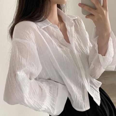 네추럴 거즈면 시원한 시스루 여자 폴업 셔츠 3Colo