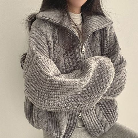 [르뚜앙]다독 가을 겨울 하이넥 투웨이 니트집업 가디건 봄 오버핏 루즈핏 꽈배기 두꺼운 빅사이즈 회색