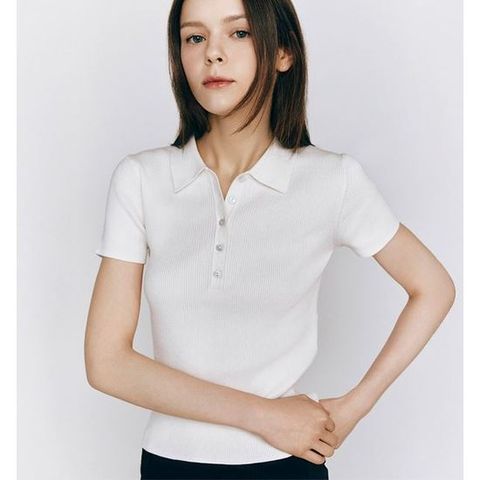 [ 롯데백화점 ][지오다노]여성 여름 골지 반팔 카라 폴로 버튼 니트 스웨터 355529