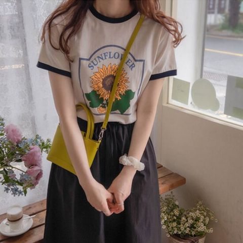 [리린][MADE] 귀요미 배색 해바라기 프린팅 티