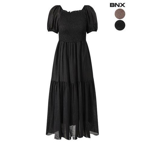 [BNX]여성 스퀘어넥 퍼프 스모크 롱 원피스